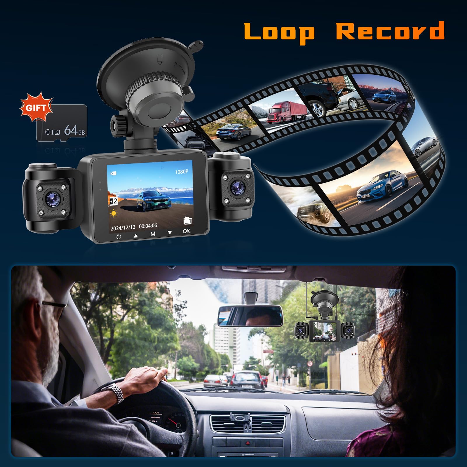 Hikity 4 Canaux Dash Cam, DashCam à 360 degrés FHD 1080P*4 Avant Arrière Intérieur Enregistrement en Boucle Gauche et Droite, DVR, G-Sensor, Surveillance du Stationnement, avec Carte SD de 64 Go