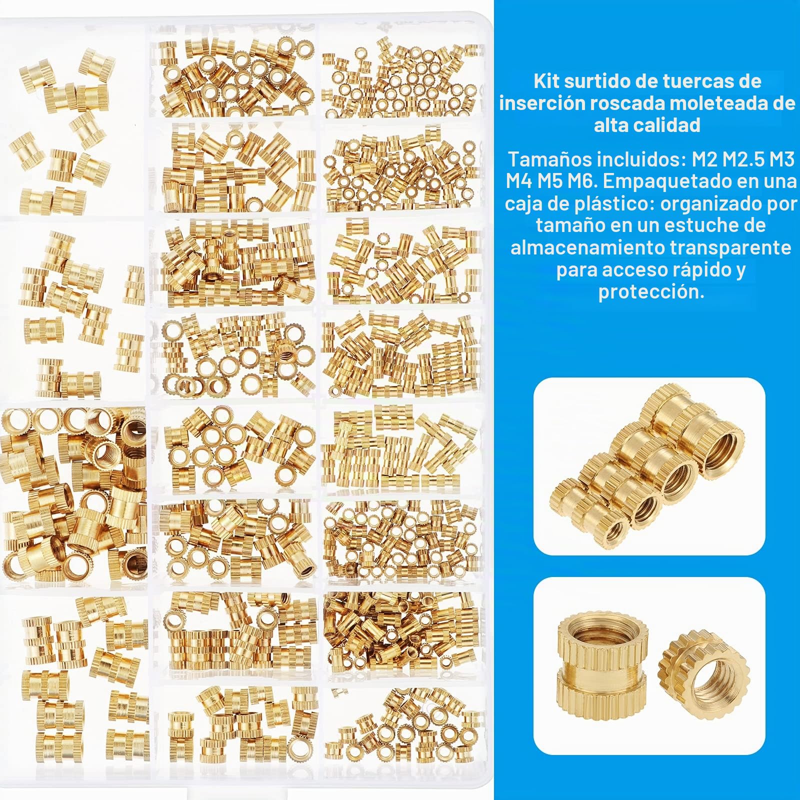 Gueenky 480 Piezas Tuercas Moleteadas de Latón, M2 M2,5 M3 M4 M5 M6 Tuercas de Inserción Insertos Roscados, 20 Tamaños Tuercas de Incrustación para Moldeo por Calor o Ultrasonido en Impresora 3D