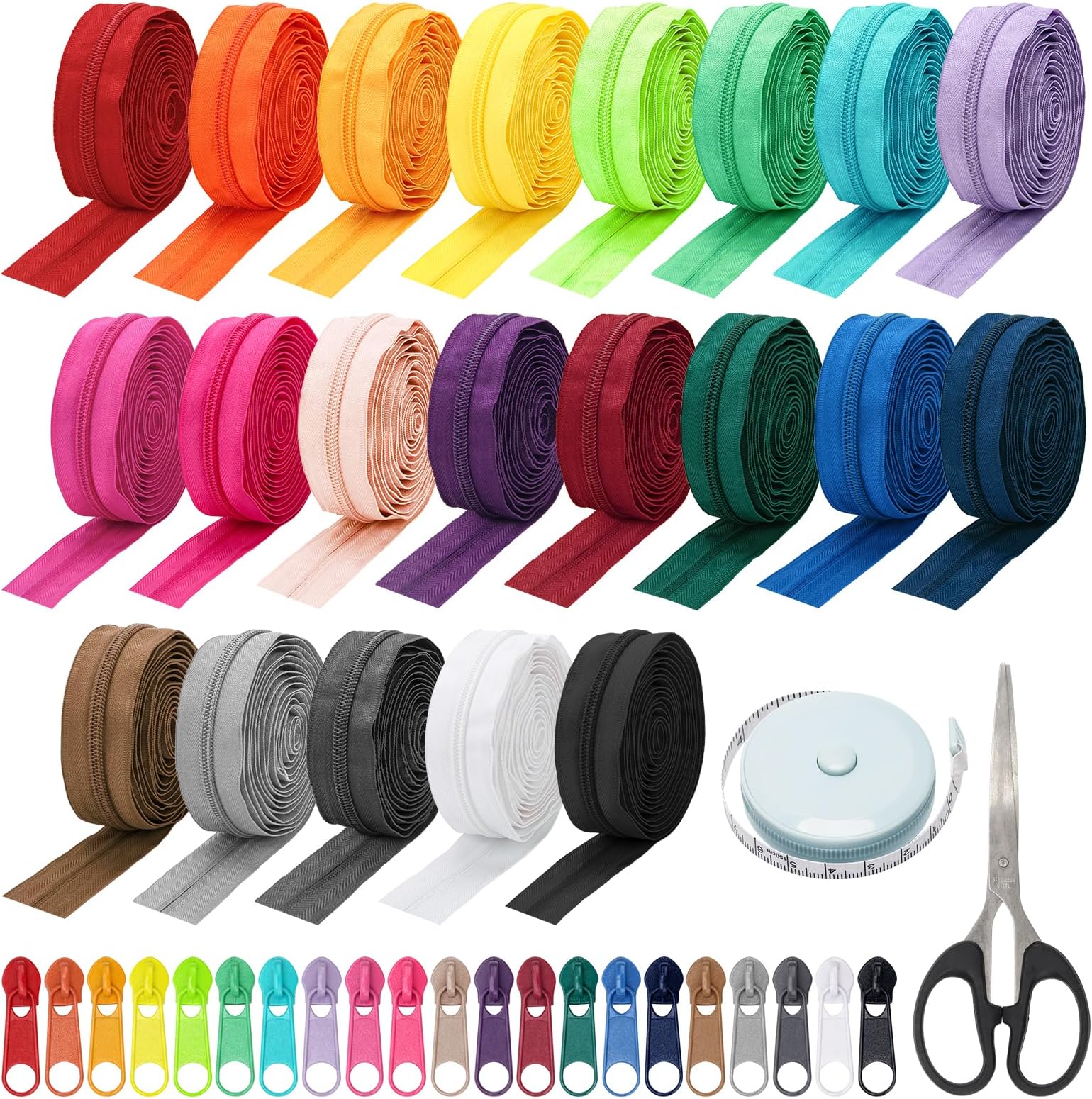 63 Yards 21 Colors #5 Nylon Coil Zippers with Pull 126P, Scissor, Ruler, Assorted Lengths Size 5 Colorful Nylon Coil Zipper by The Yard for Sewing Zipper Tape for Clothes, Bag, Purse Making Supplies