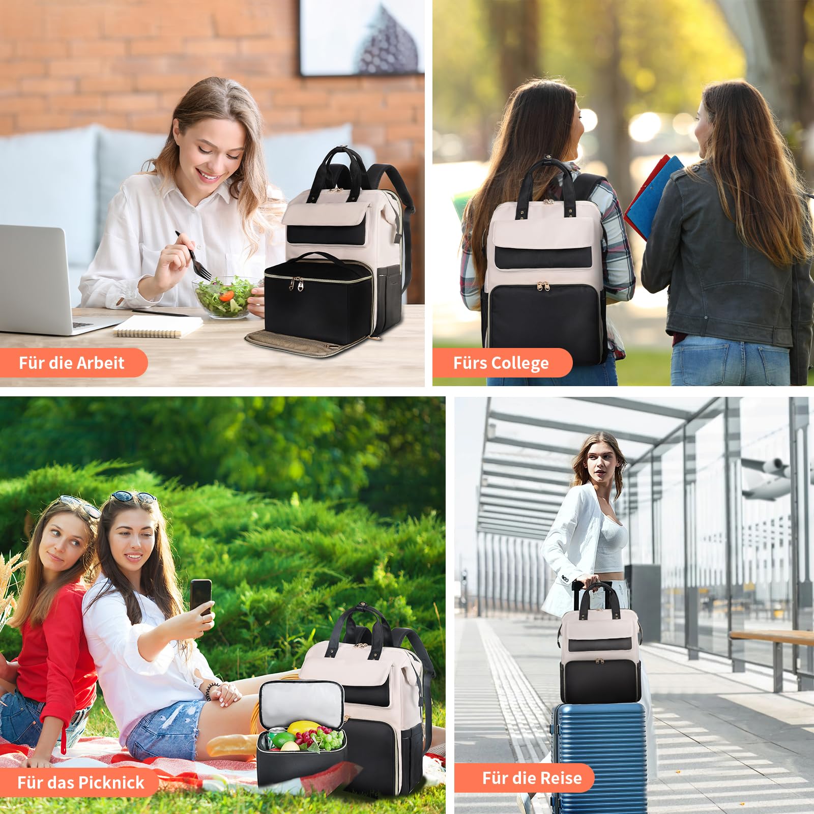 BERTASCHE Lunch Rucksack, Laptop Rucksack Damen 15,6 Zoll mit Isoliertes Kühltasche, 2-in-1-Arbeitsrucksack für Frauen/Arbeit/Business/Reisen/Lehrer/Schule/Uni，Schwarz-Beige