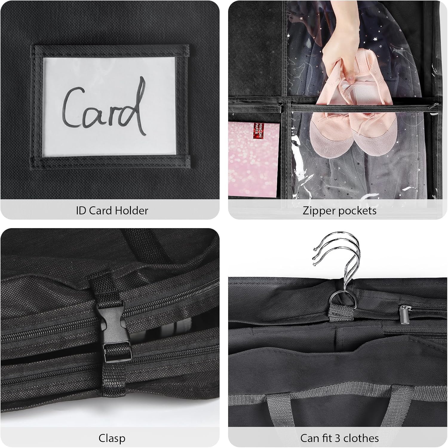 Univivi 40" Dance Costume Garment Bag for Dancers, Foldable Dance Garment Bag with 5 x Zipper Pockets & Adjustable Buckle Ideal for Dance Competition and Costumes Storage - Black