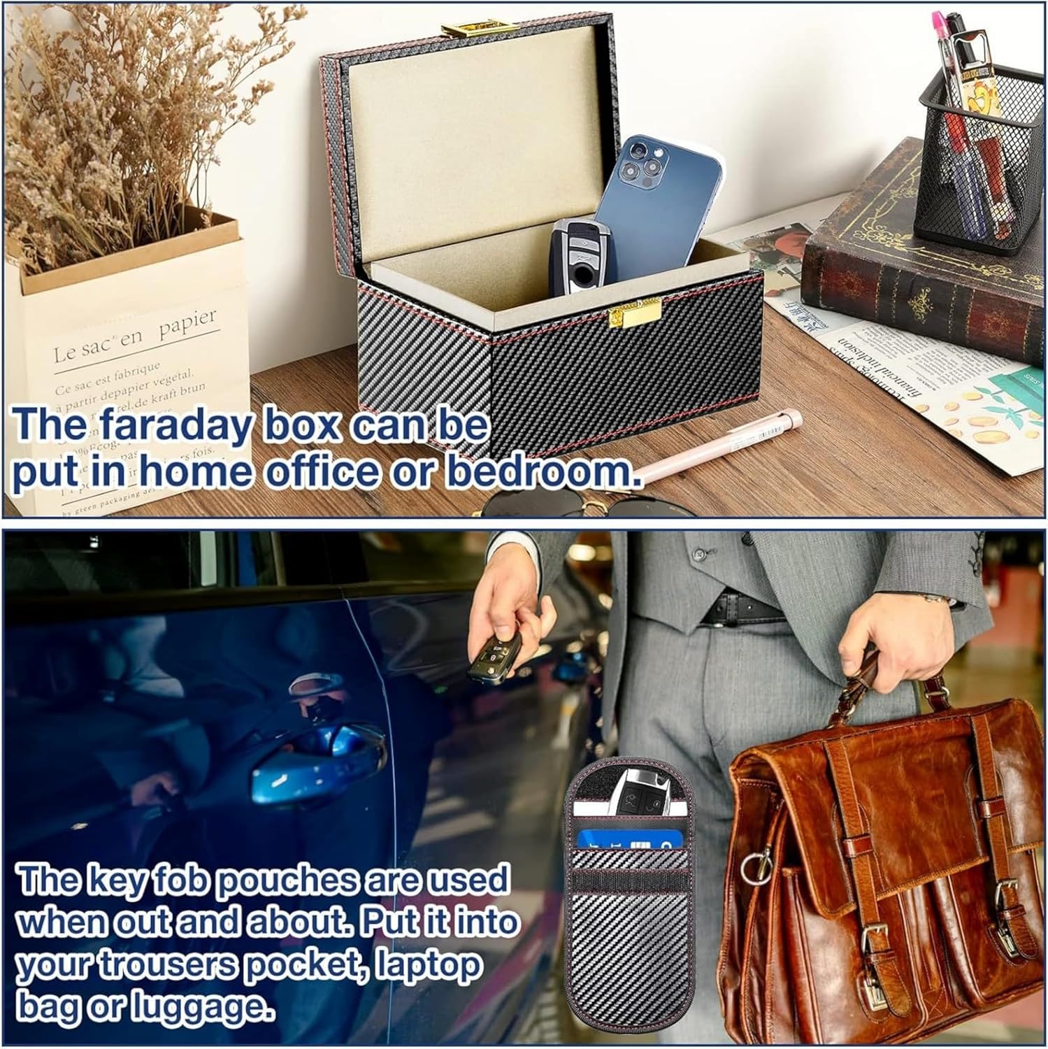 Electromagnetic Shielding Box and Secure Bags Set for Vehicle Keys with Cover and Leather Texture Design