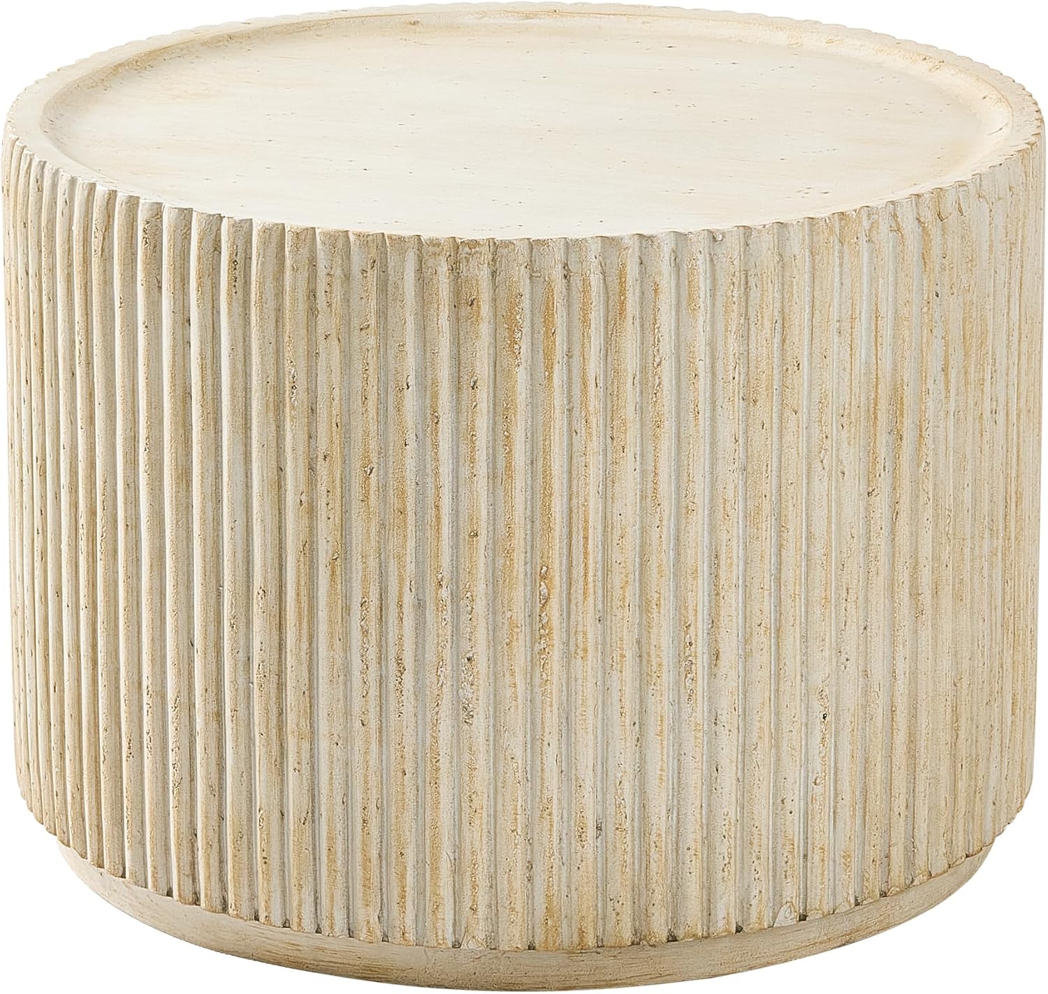 Christopher Knight Home Yunara 17" H Lightweight Concrete End Table with Stunning Fluted Design, Indoor Outdoor Accent Side Table, Travertine Effect Round Coffee Table, No Assembly, Natural