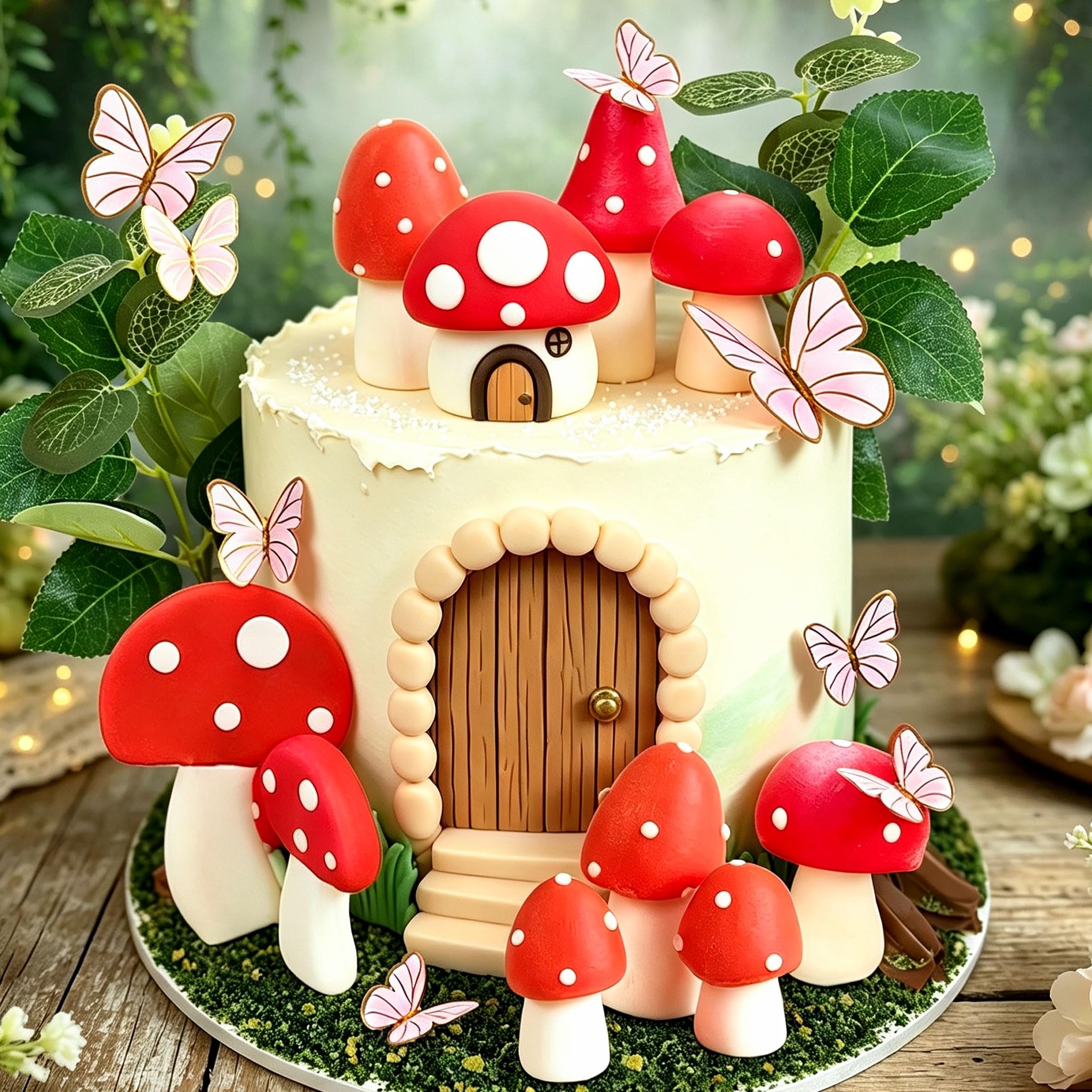 LaVenty Red Mushroom House Cake Decorations Fairy Mushroom Cake Toppers