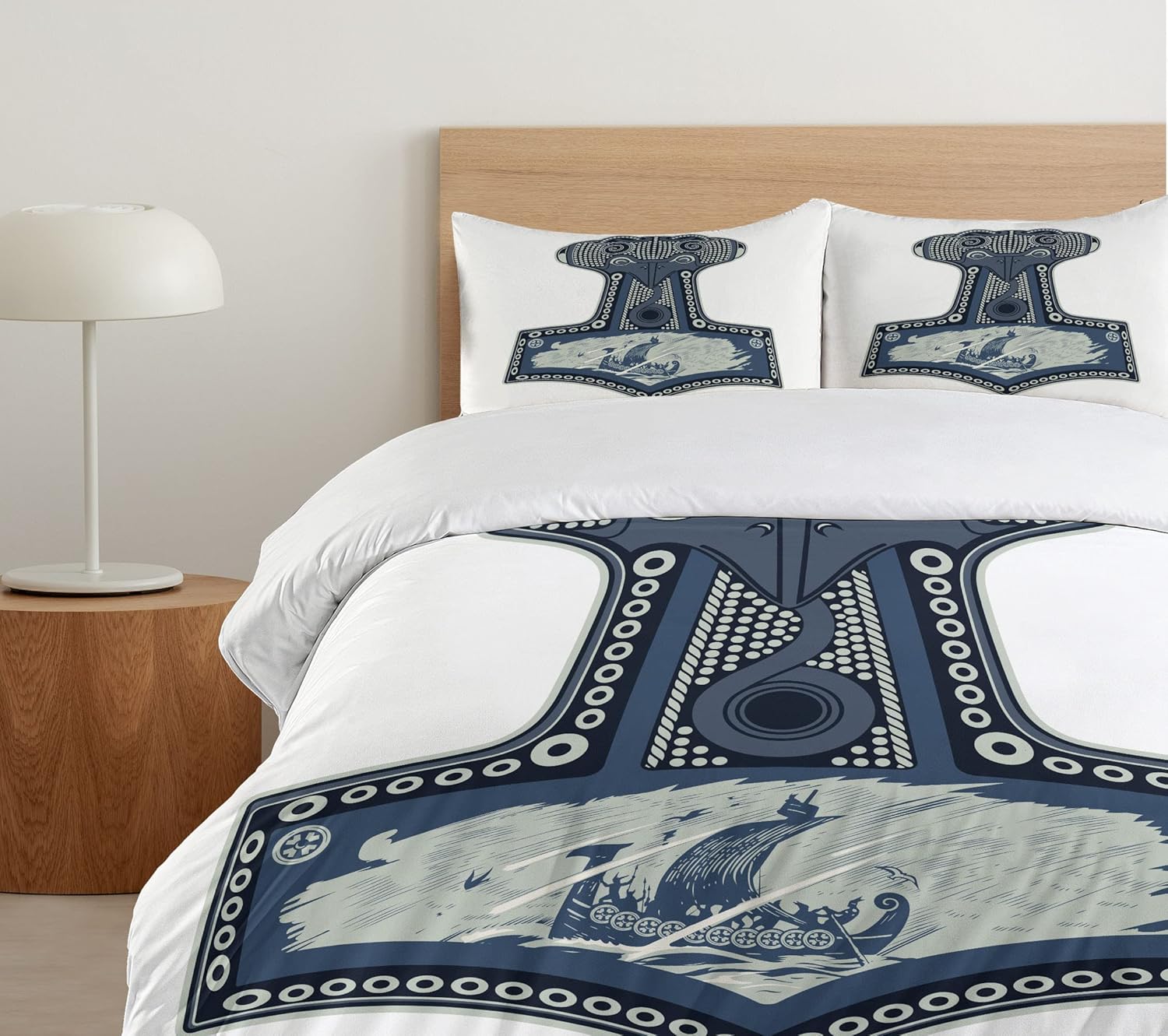 Lunarable Viking Duvet Cover Set, Scandinavian Folklore Motifs Northern Germanic Culture Mjollnir, Decorative 3 Piece Bedding Set with 2 Pillow Shams, King Size, Slate Blue Blue Grey