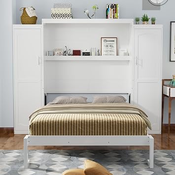 Merax Queen Size Murphy Bed with Closet, Adult Queen Wall Murphy Bed Cabinet with Wardrobe and Storage Shelf, Space Saving, No Box Spring Needed, White
