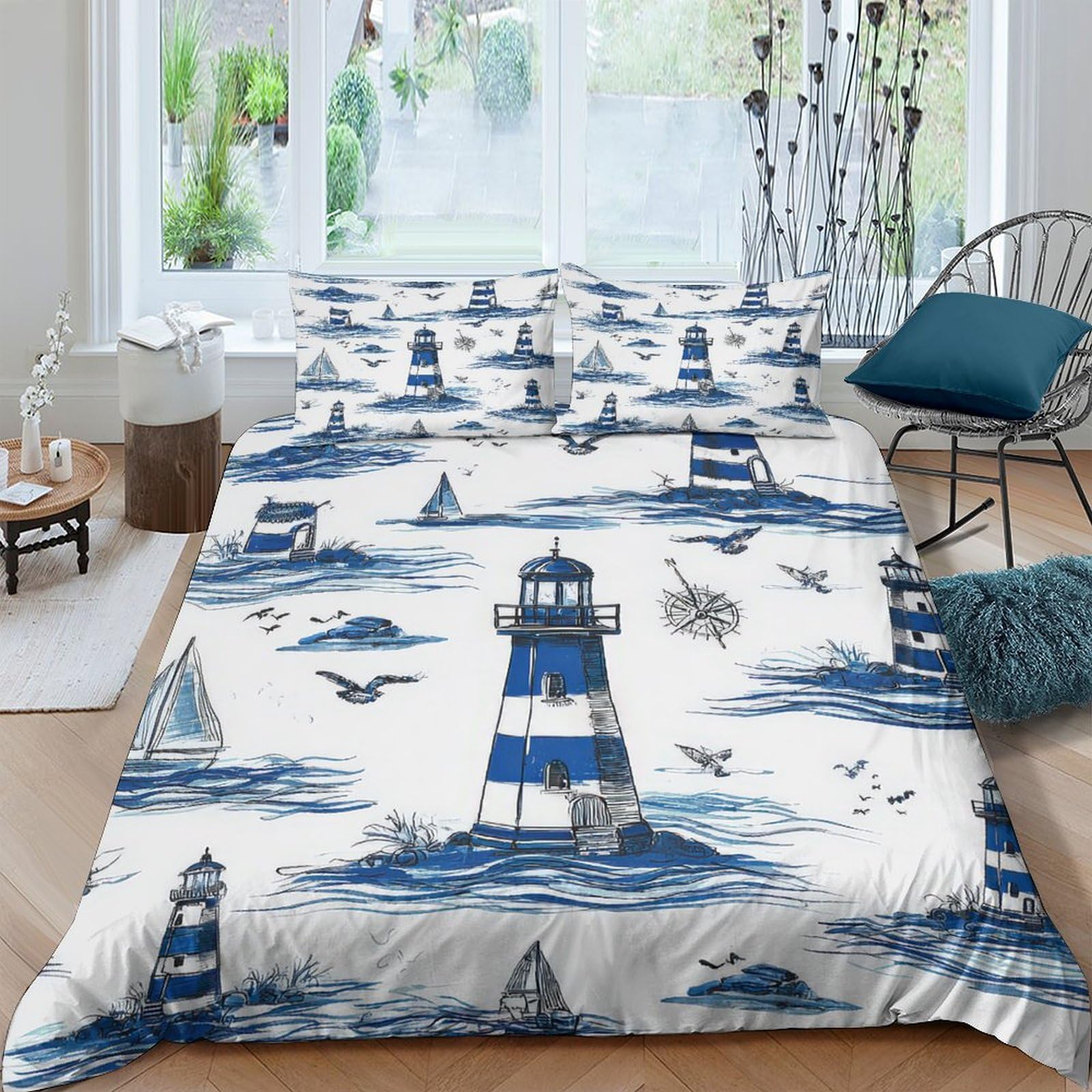Ctjqhvkz Style-4 3D Printed Blue Lighthouse Fitted Sheet Microfiber Nautical Ocean Mattress Cover For Bedroom Guest Room Decor Single（135X200cm）