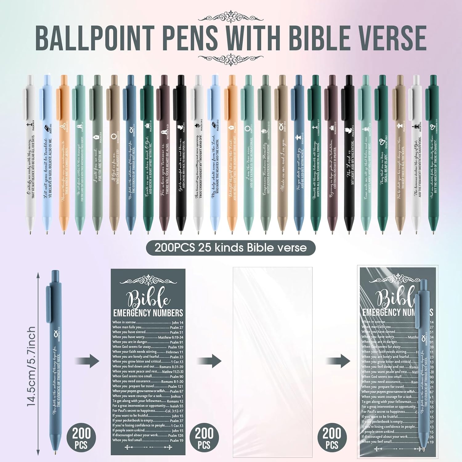200 Set Christian Church Gifts 200 Bible Verse Pens Bulk 200 Bible Emergency Numbers Bookmarks Religious Pens Church Visitors Gifts for Men Women(Boho Colors,Classic Style) - Image 3