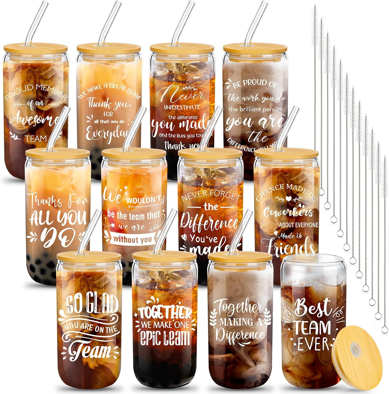 12 Set Employee Appreciation Gifts Thank You Glass Cups Gifts for Staff Coworker Appreciation Cups 16 oz Can Shaped Beer Glass with Lids Straws Brushes for Teacher Nurse(Mixed Style)