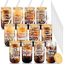 12 Set Employee Appreciation Gifts Christmas Appreciation Cups for Team Thank You Gifts Glass Cups for Staff Coworker 16 oz Can Shaped Beer Glass with Lids Straws Brushes(Mixed Style)
