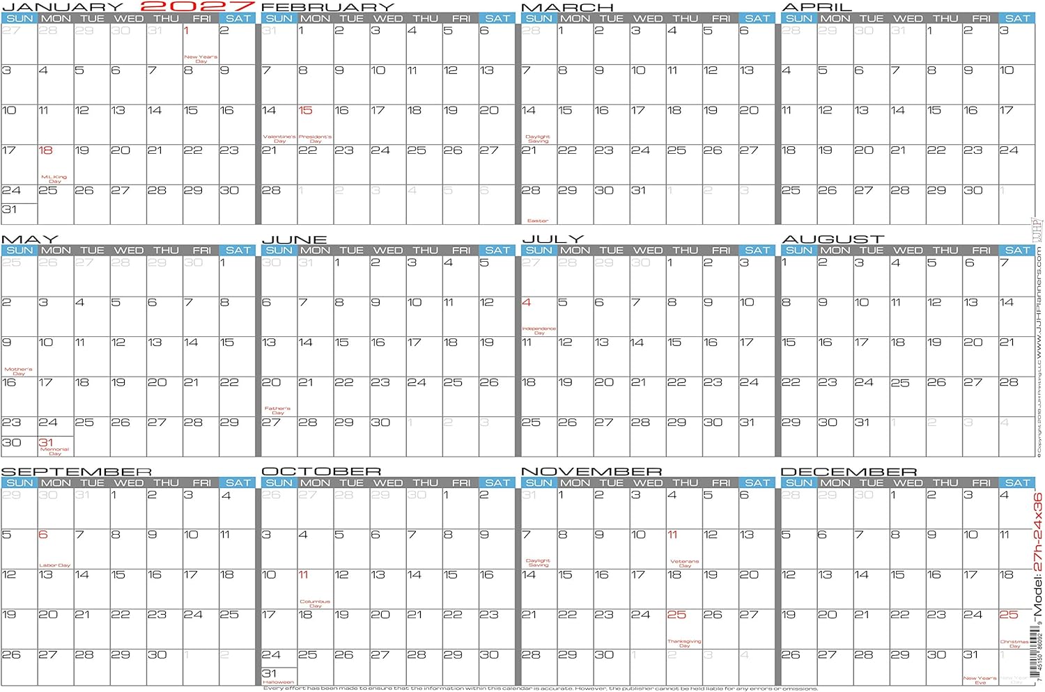 2027 Laminated - 24" X 36" Large Erasable Wall Calendar - Horizontal 12 Month Yearly Annual Planner