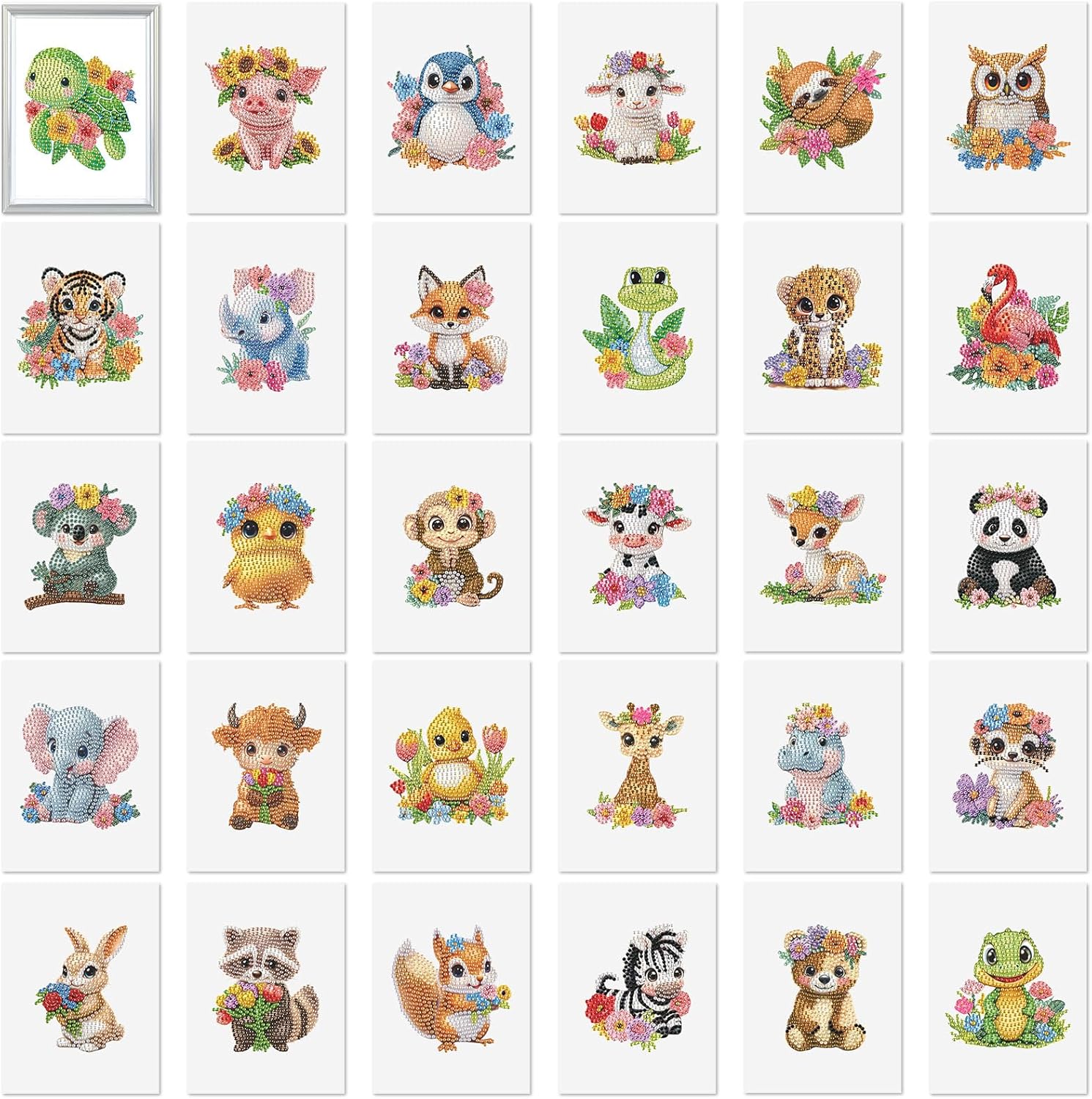 Xuhal 30 Pcs Animals Diamond Art Kits for Adults Cartoon Animals Diamond Paintings Kits 5d DIY Watercolor Flower Rhinestones Crafts Full Round Drill Gem Art Cardboard for Beginner Home Wall Decor Gift