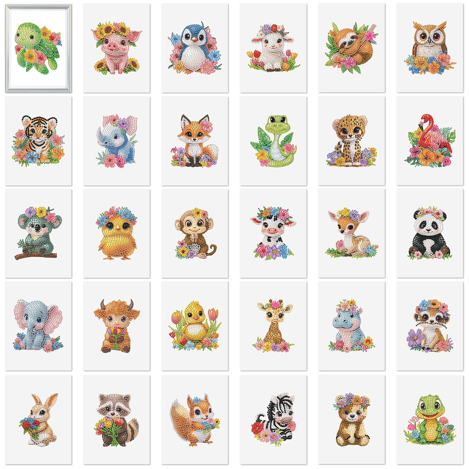 Xuhal Paquete de 30 kits de cartón de flores de acuarela para adultos, lindos animales, pintura de diamantes para principiantes, 5D, arte de gemas, pintura por diamantes, kits de manualidades