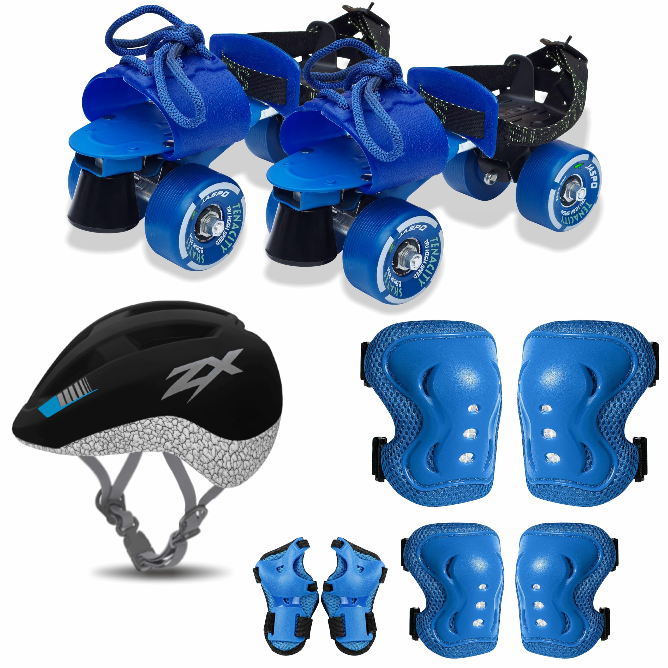 - jaspo Unisex Tenacity Blue Pro Adjustable Senior Outdoor Wheel Roller Skates Combo Suitable For Age Group 6 To 14 Years (Skates+ Helmet + Knee Guard+ Elbow Guard +Wrist Guard+Key)