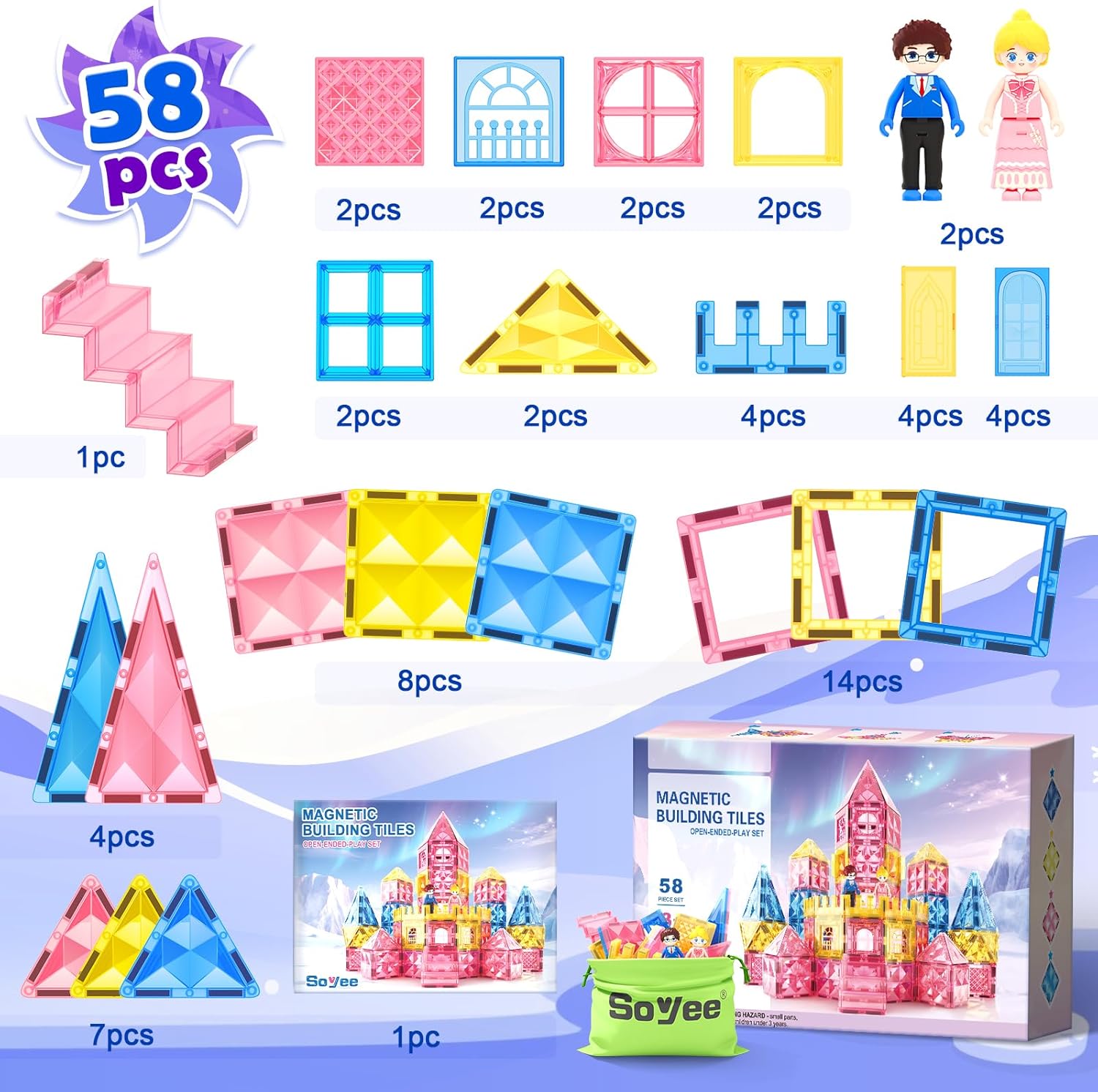 Soyee Diamond Magnetic Tiles Magnet Building Blocks - Princess Castle Toys for Girls & Boys Age 3-8 Birthday Present 5 6 7 8 9 10 Year Old Valentines Day Gifts for Kids Classroom - Image 8