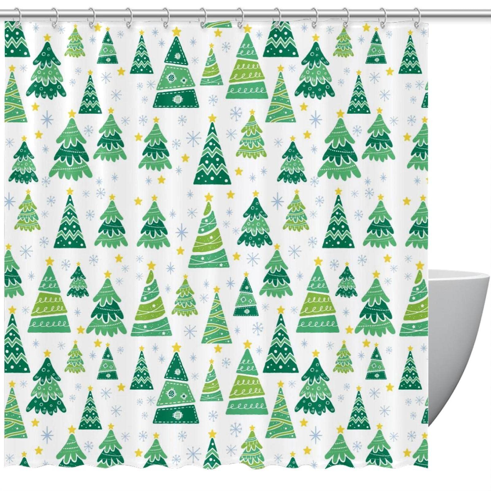 Rideau de douche sapins de Noël et étoiles jaunes 168x183 cm