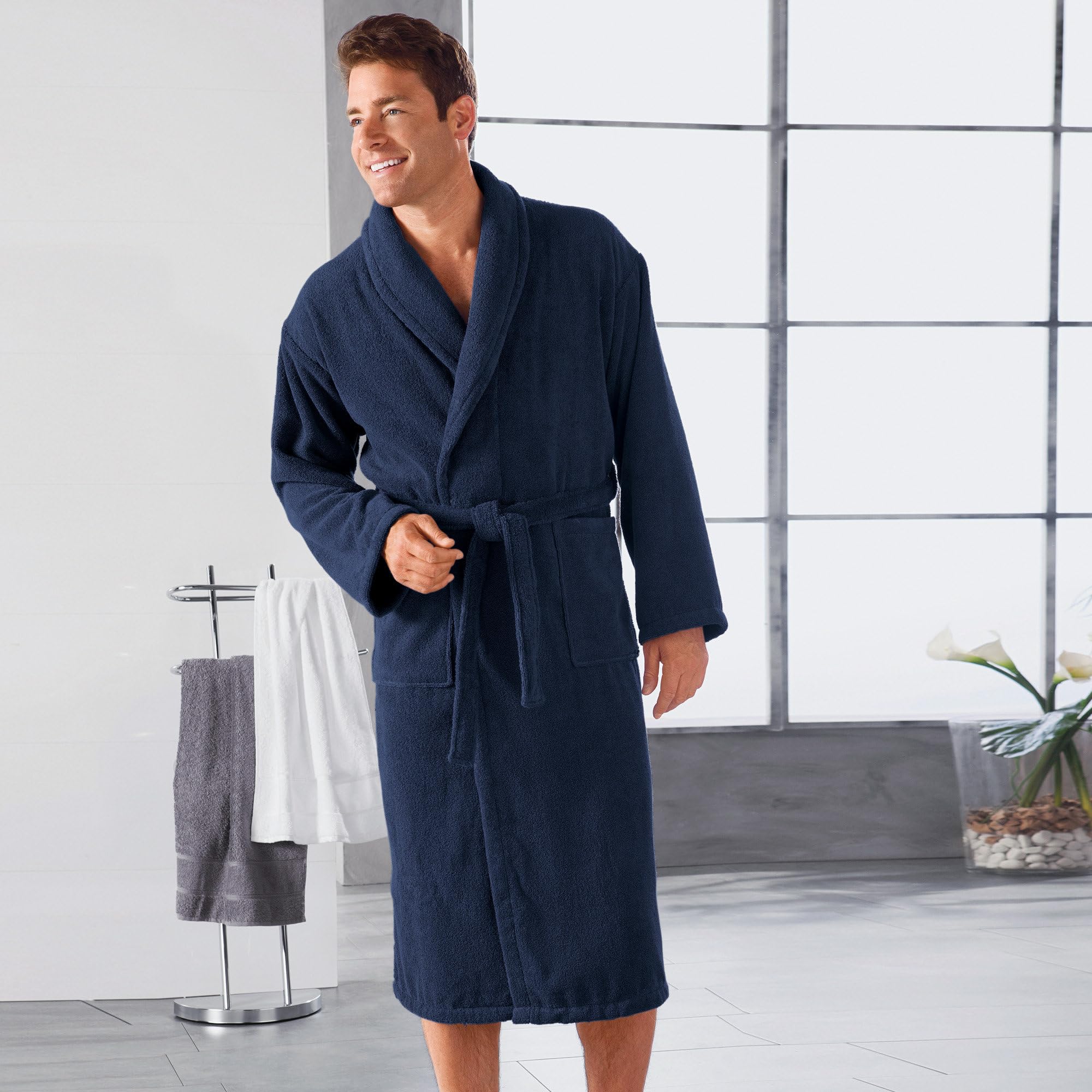 Erwin Müller Unisex-Bademantel, Morgenmantel, Saunamantel Frottier lang - Serie Friedrichshafen - saugfähig, hautsympathisch, mit aufgesetzten Taschen und Bindegürtel Walk-Frottier