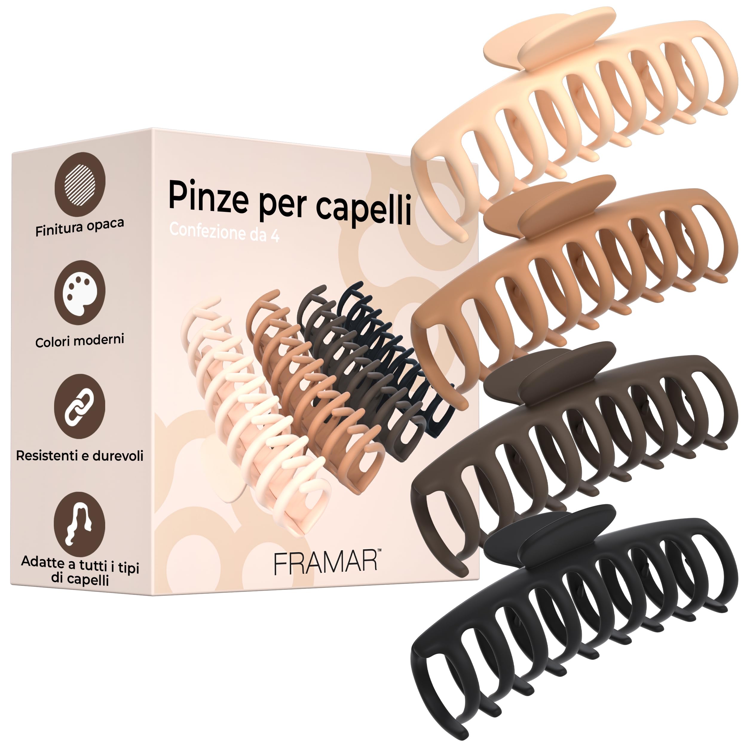 FRAMAR Fermagli Per Capelli Grandi - Fermagli Per Capelli da Donna, Fermagli Per Artigli Extra Grandi Per Capelli Spessi, Neutra, Finitura Opaca Antiscivolo - Confezione da 4