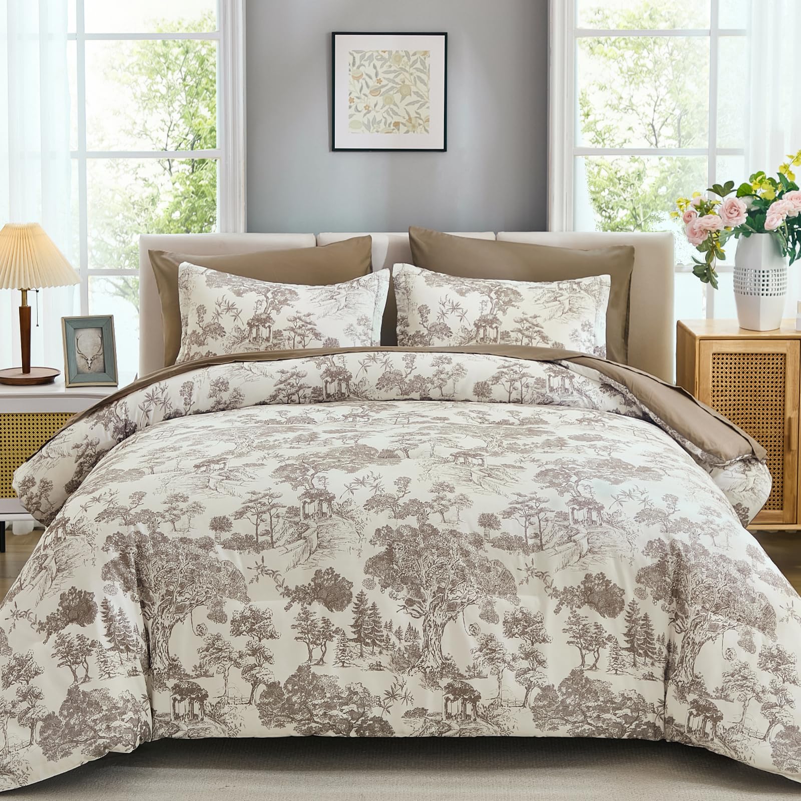 DJY King Size 7 Piece Bed in a Bag-Floral Botanical Light Brown Comforter Set,King Comforter Set with Sheets,Farmhouse Comforter