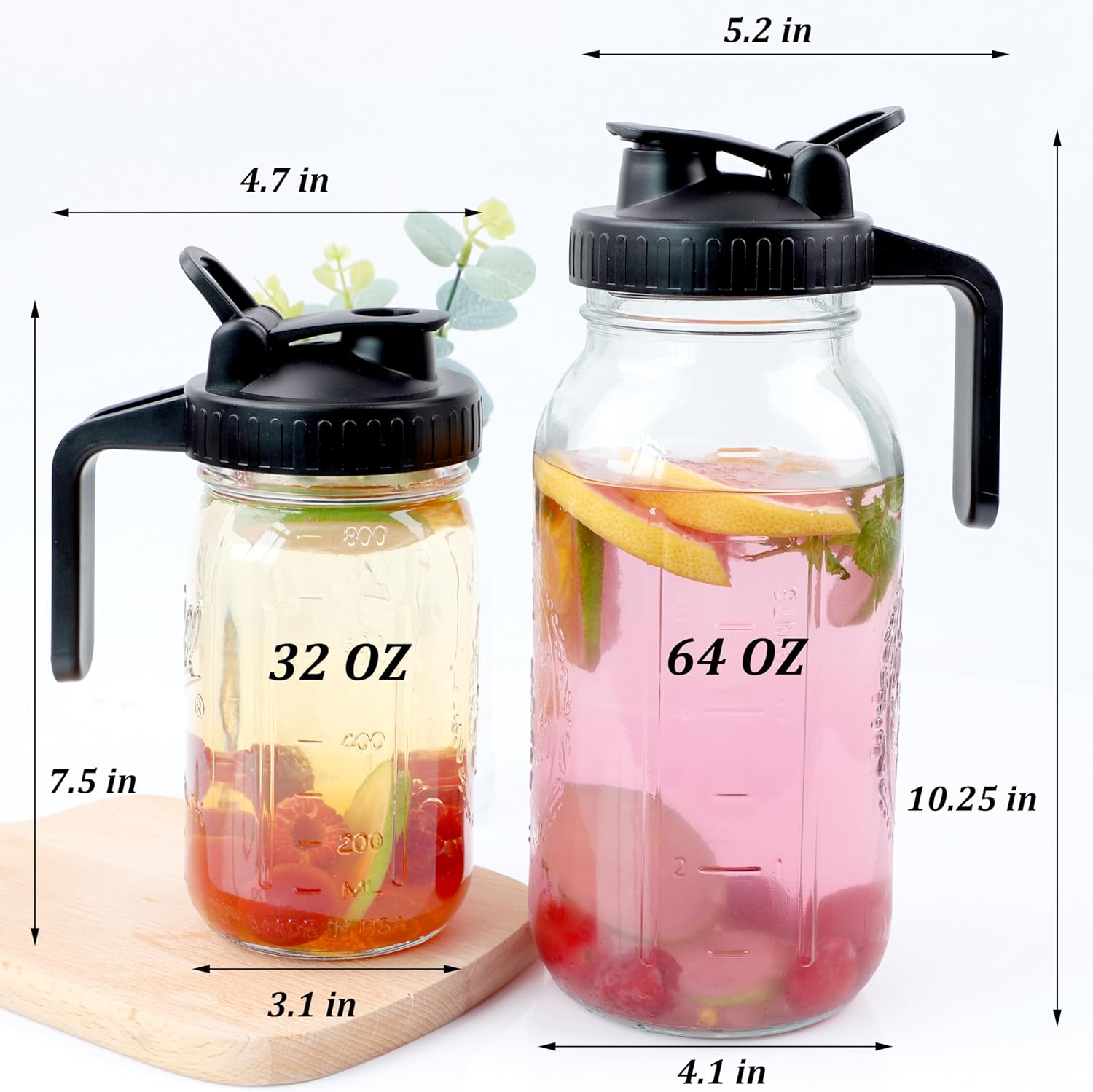 Mason Jar Pitcher Wide Mouth 64 Oz (2 Pack) Glass Pitcher With Pour Spout Lid 2 Quart Airtight Leakproof Water Carafe With Handle And Flip Cap Lid For Iced Beverages, Iced Coffee, Milk, Lemonade - Image 7