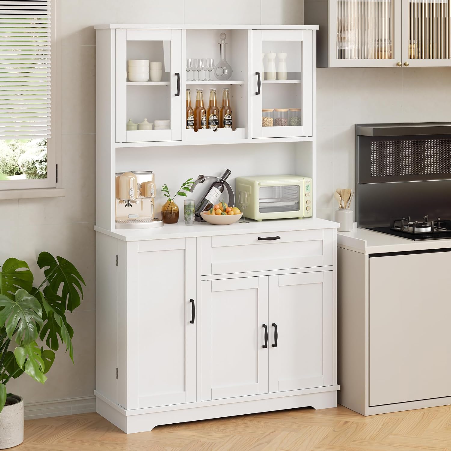 Shintenchi Kitchen Pantry Storage Cabinet, Freestanding Buffet Cabinet with Microwave Stand & 3 Door Shelves, Kitchen Hutch with Doors, Adjustable Shelves and Wine Rack, White