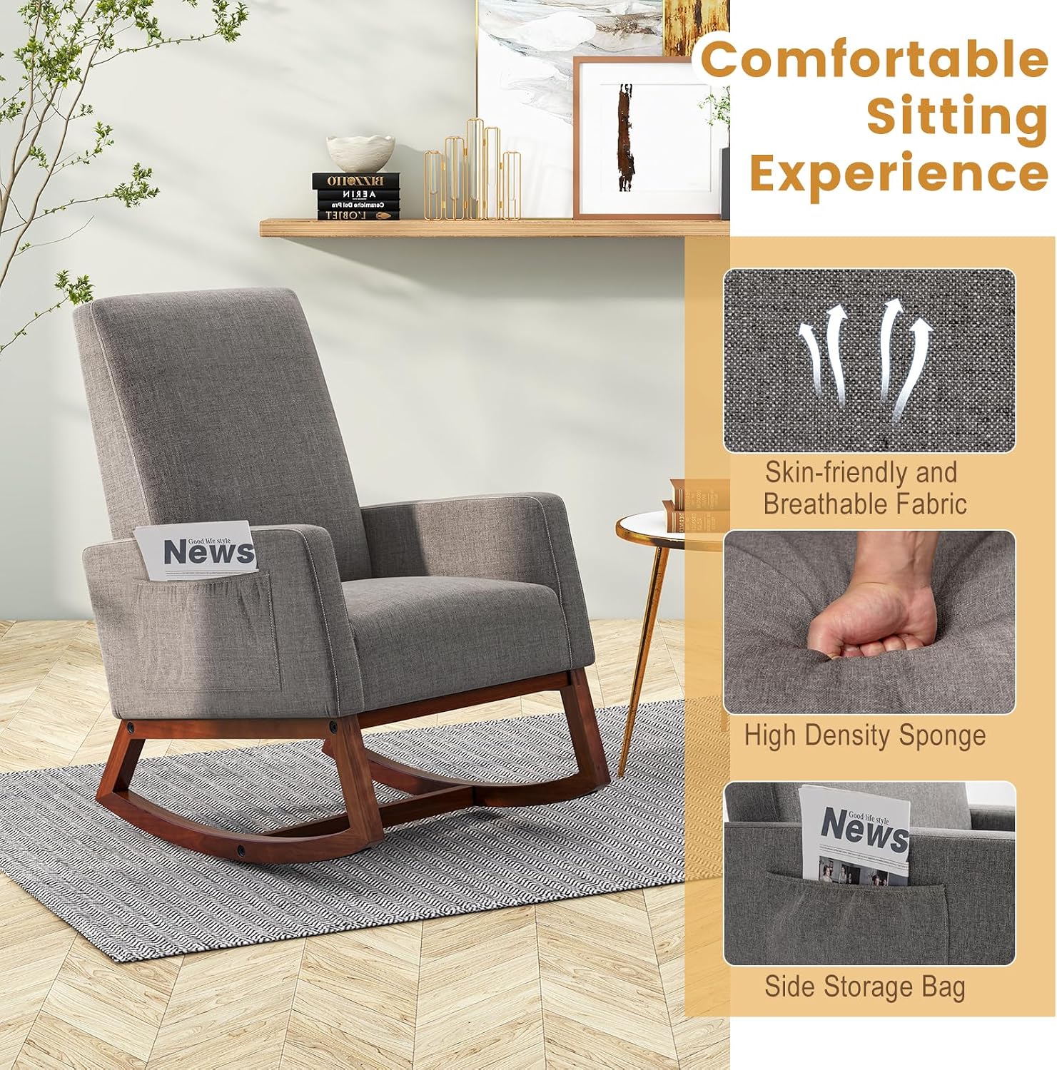 KOMFOTT Upholstered Rocking Chair, Living Room Leisure Rocker with Rubber Wood Frame, Accent Armchair with High Backrest & Storage Pocket, Modern Sofa Chair for Living Room, Bedroom, Nursery (Gray)