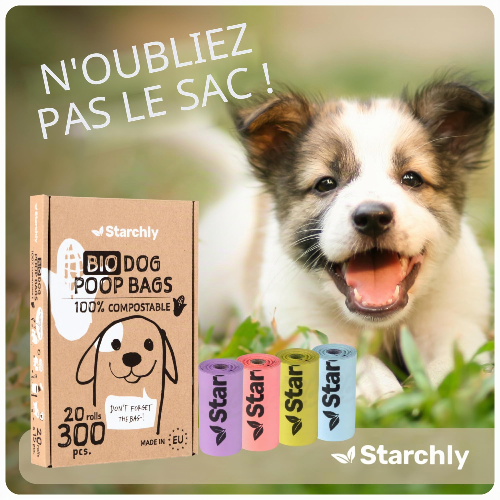 300 Sacs à crottes pour chiens - 20 rouleaux de Sacs pour déchets canins - bio et compostables en amidon de maïs - 15 par rouleau - Résistants à la déchirure, étanches, verts - MADE IN EU