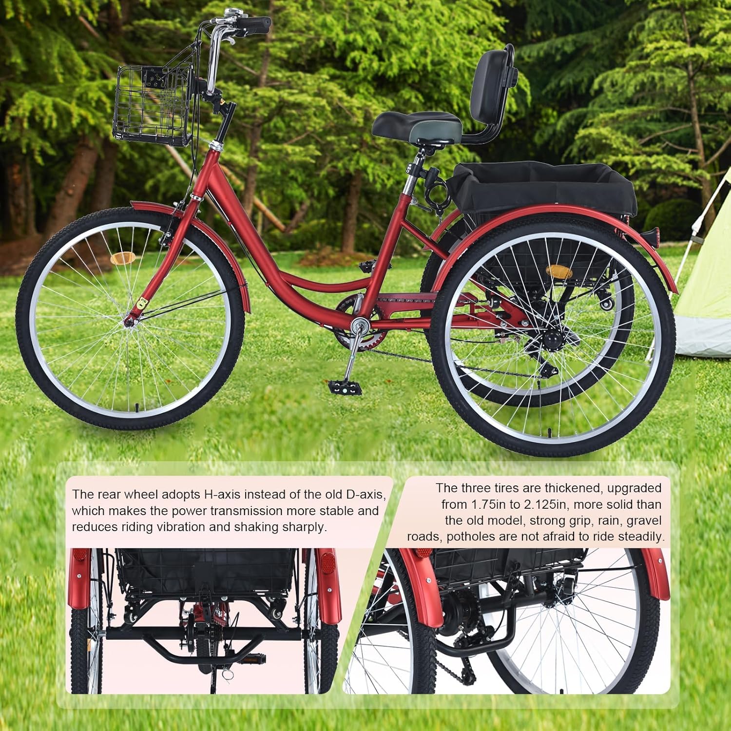 26-Inch Adult Tricycle, 7-Speed 3-Wheel Bike, Upgraded Wider Seat with Backrest, Removable Front Basket and Rear Frame with Wheel Tie Downs, Cruising Bike for Seniors, Women, Men