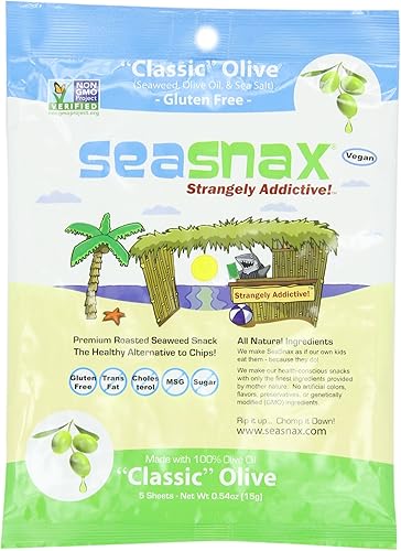 SeaSnax Alga marina de oliva tostada, 5 hojas, 0.54 onzas (paquete de 4)
