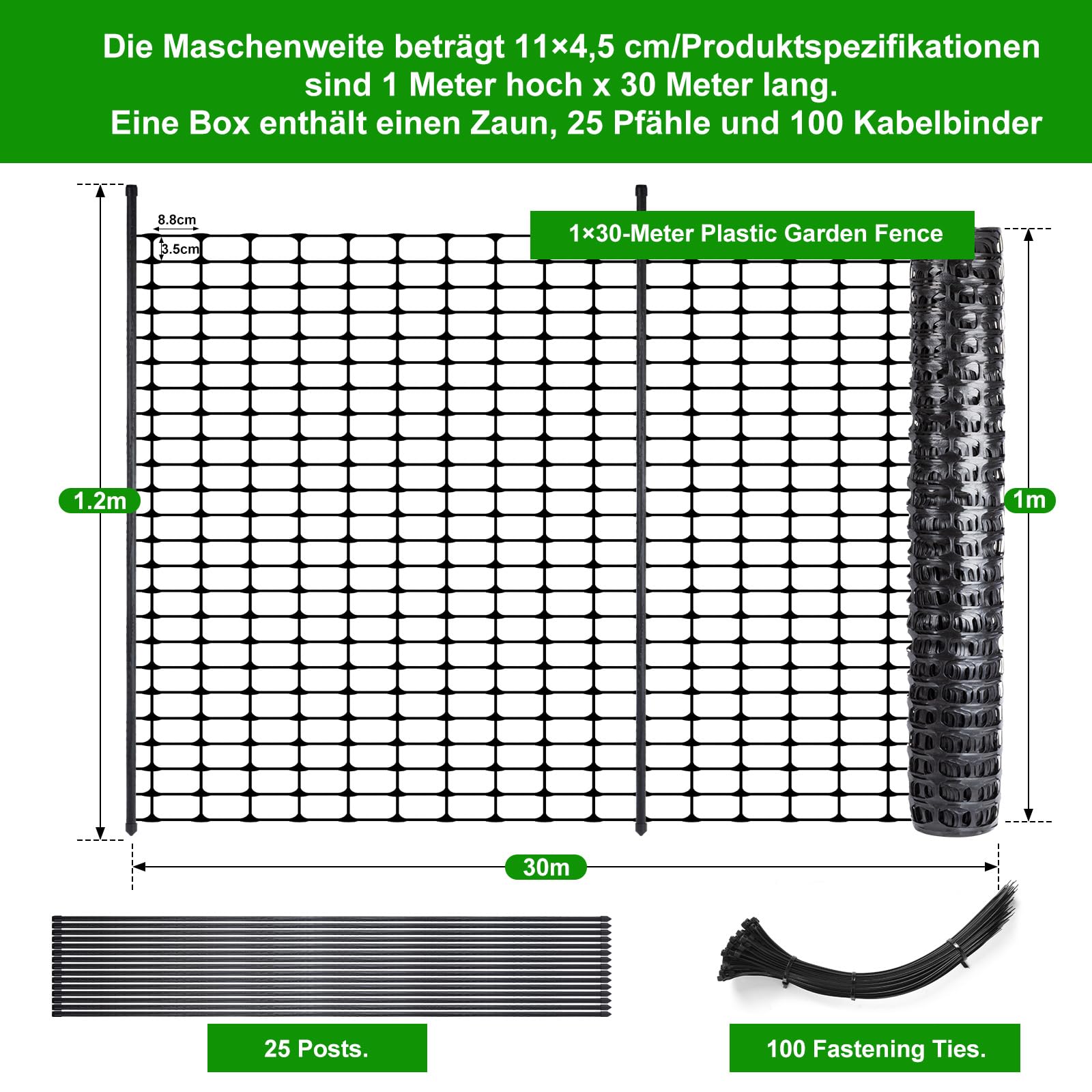 Mobiler Begrenzungszaun 100 cm hoch – 30 m Steckzaun mit 25 Pfählen, ohne Strom, engmaschig, grün | Hunde- & Hühnerzaun, Campingzaun