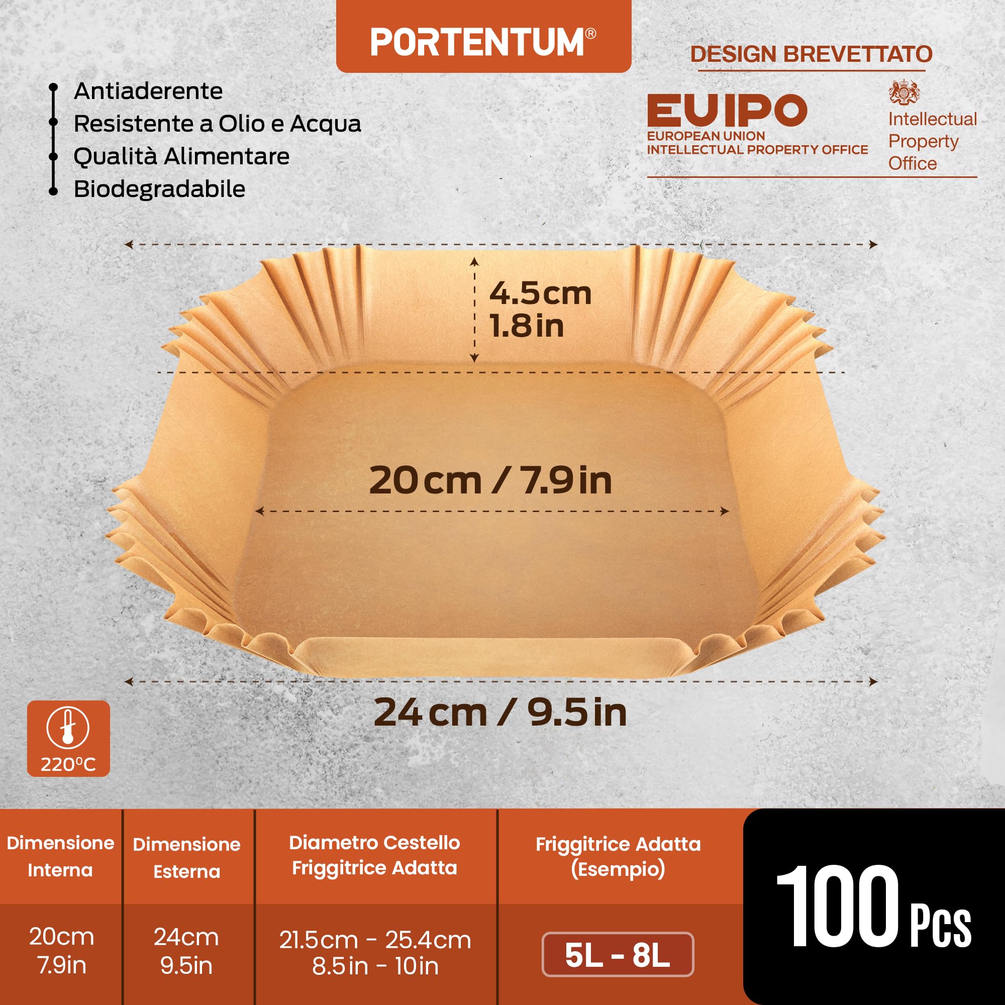 PORTENTUM Carta forno per friggitrice ad aria, 100 unità quadrate 20–24 cm, adatte a modelli 5–8 L. Certificata BPA Free, FDA e LFGB
