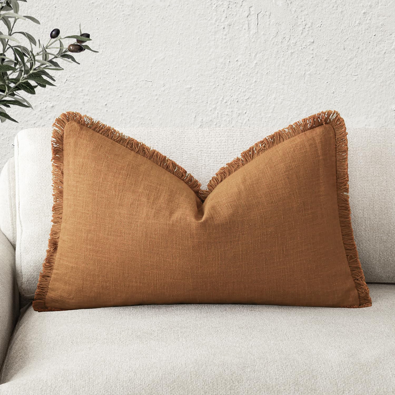 Foindtower Decorative Linen Fringe Lumbar Throw Pillow Covers Cozy Boho Farmhouse Cushion Cover with Tassel Soft Accent Pillowcase for Sofa Bed Living Room Home Decor, 12×20 Inch,1PC,Orange