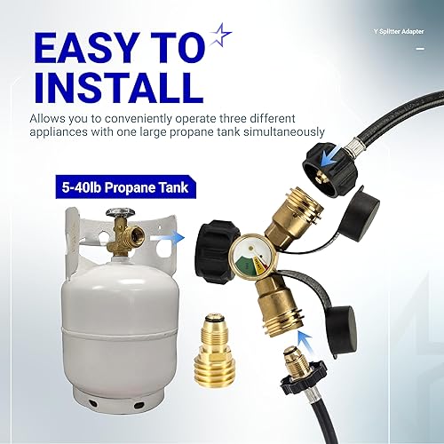 Miniatura 5 de BlueStars Divisor en Y de tanque de propano QCCPOL con medidor y válvula de cierre, adaptador divisor de propano de 2 vías para parrillas de gas,