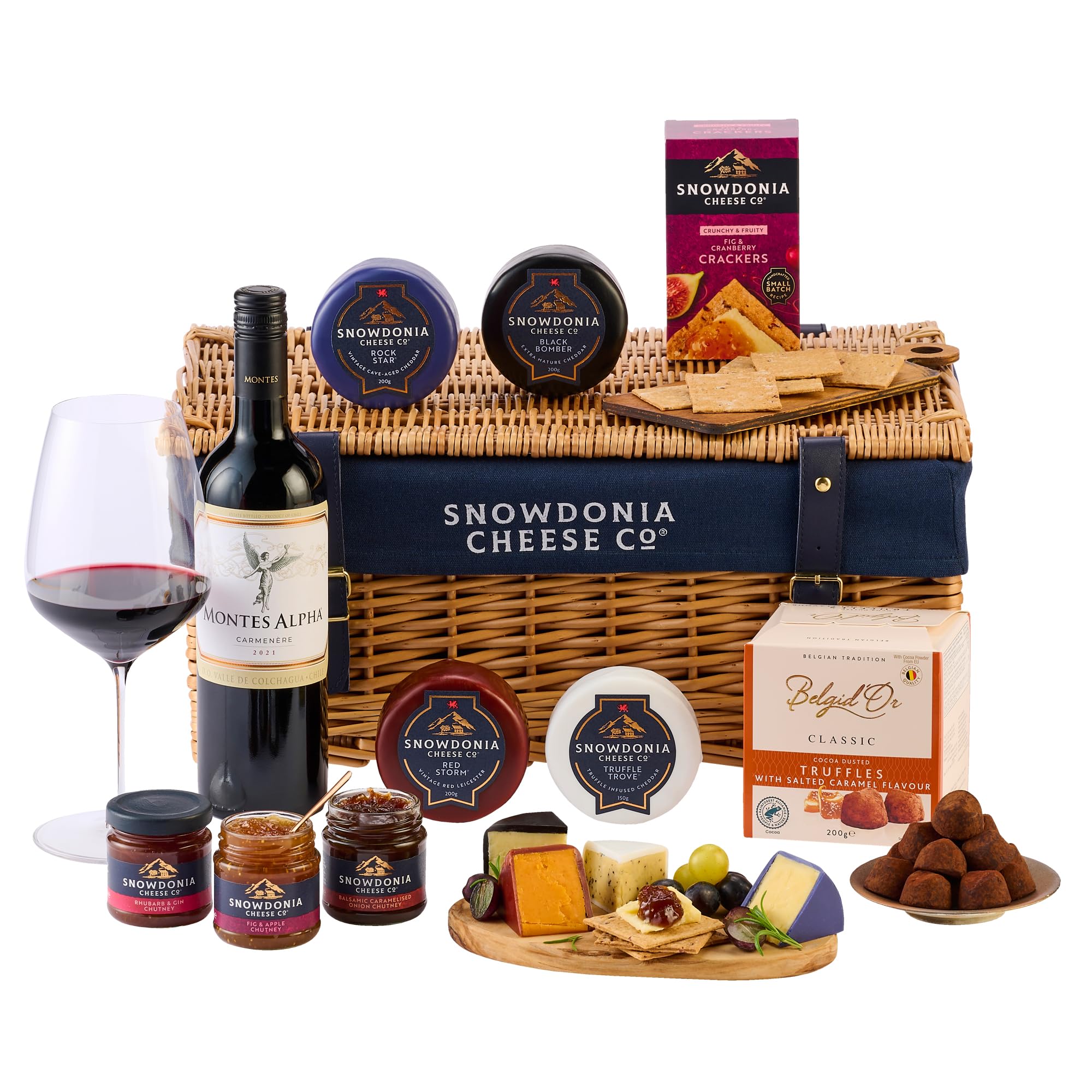 Snowdonia Cheese CompanyCheese & Wine Wicker Hamper | 4 Luxury Welsh Cheeses, 3 Chutneys, Salted Caramel Chocolate Truffles, Crackers and Red Wine