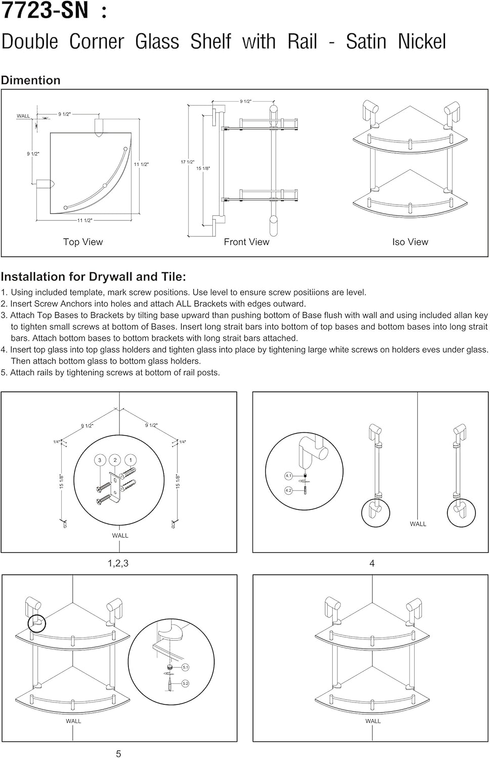 Double Corner Glass Shelf with Pre-Installed Rail - Satin Nickel - Oval Series - 5 Year Warrantee