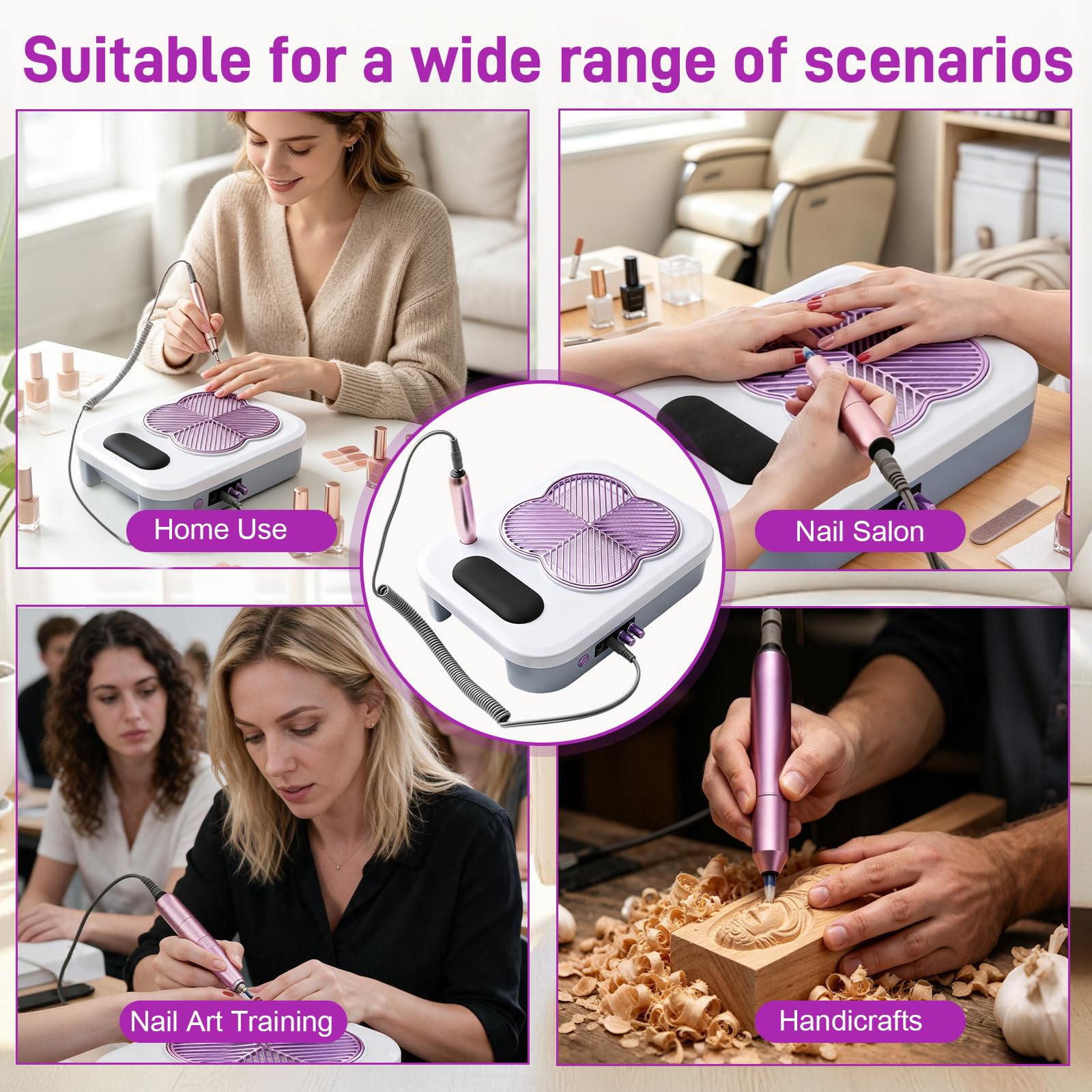 Dispositivo de uñas 4 en 1, con torno profesional (18.000 rpm), 6 cabezales de lijado y cabezal removedor, lámpara UV/LED potente, aspirador integrado (3.400 rpm), ideal para uso en salón y en casa