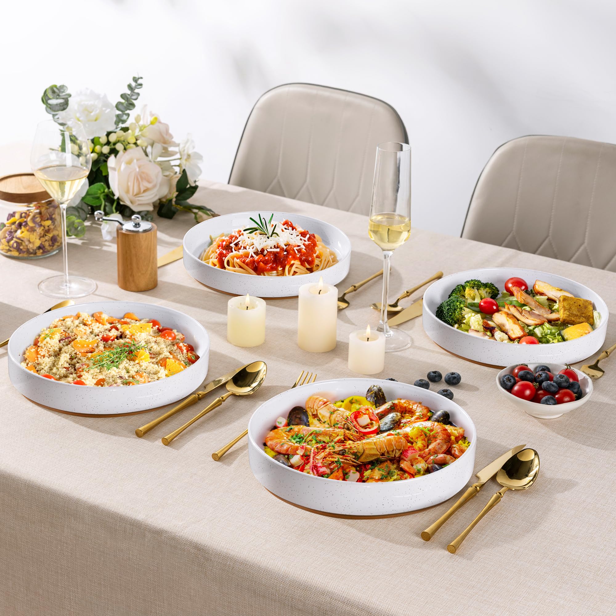 AmorArc 22,9 cm große Keramik-Nudelschalen, 907 ml, Steingut, 4 Stück | Gesprenkelte Servierschalen für Nudeln, Salat, Obst und Nudeln, Einweihungsgeschenk und Hochzeitsgeschenk, Weiß