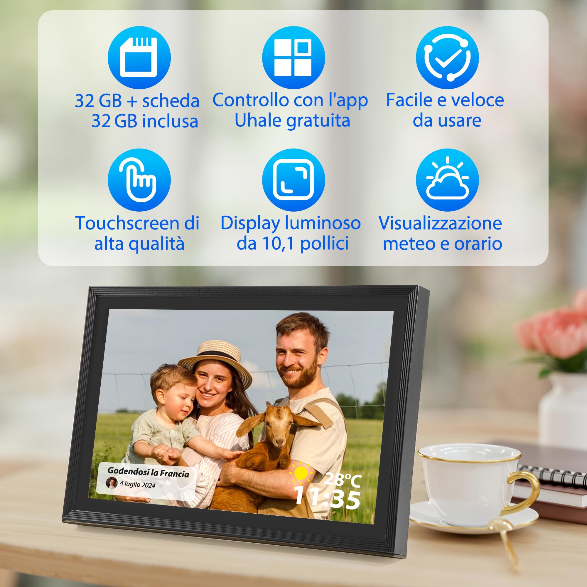 Saaf Cornice Digitale – Touchscreen 10,1" – Wifi & App ‘Uhale’ – 64GB Memoria (32GB Interna + 32GB SD) – Cornice Digitale – Nero – Facile da Usare