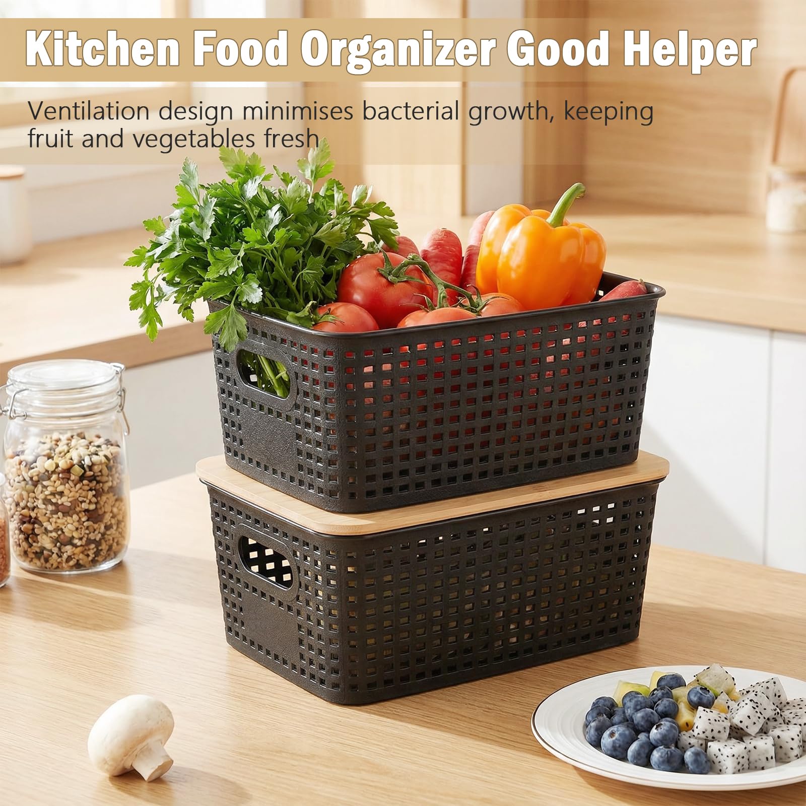 6 Pezzi Scatole Plastica con Coperchio Bambù, Organizer Cucina e Bagno, Impilabile Salvaspazio Cestino Vimini Contenitore Plastica con Bambù Coperchio per Armadio, Ufficio,Camera (Nero)