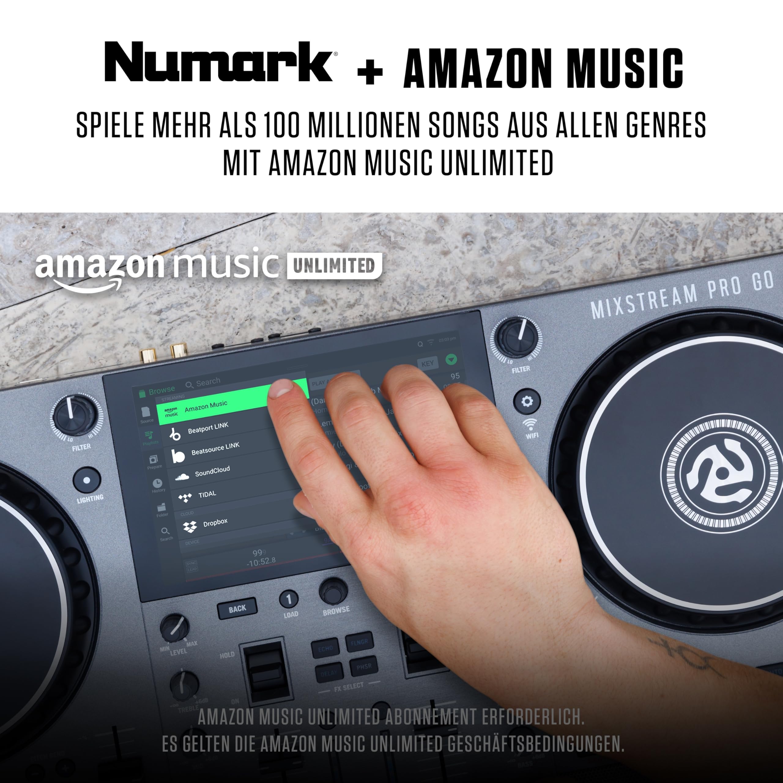 Numark Mixstream Pro Go Tragbarer DJ-Controller mit Akku, Mixer mit Stem-Trennung, Lautsprecher, WLAN-Streaming, Touchscreen, kompatibel mit Serato DJ