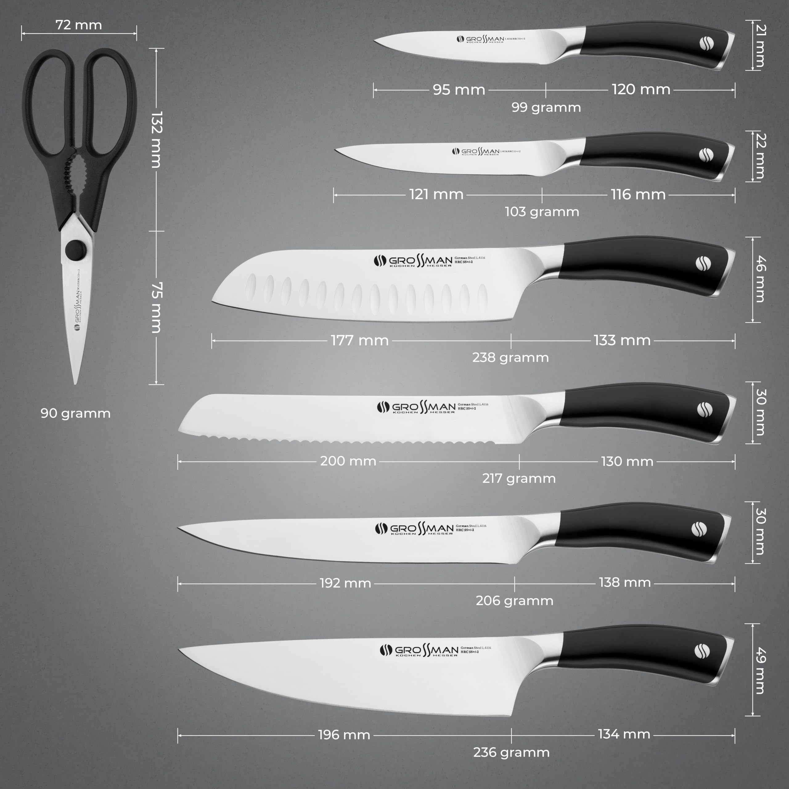 Set Coltelli Da Cucina GROSSMAN Calgary Con Blocco Portacoltelli - 6 Pezzi In Acciaio Inox Tedesco, Con Supporto