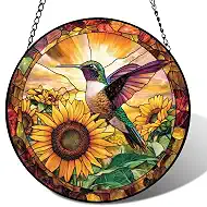 Stained Glass Hummingbird Suncatcher Window Hanging Flowers Gifts for Mom | 6.3in Garden Sun Catcher, Sunflowers Sunrise Ornament for Door Home, Gift for Bird Lovers Grandma & Mother's Day Christmas