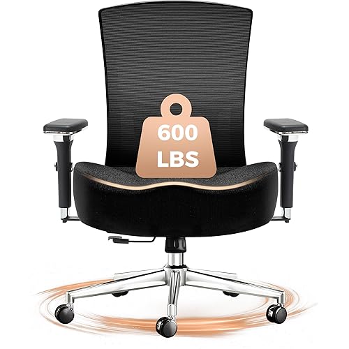 600lbs Big and Tall Office Chair,Oversized Ergonomic Breathable Mesh Desk Chair with W-Shape Thicken Seat Cushion,Computer Chair with Upgraded 4D Armrest,Lumbar Support for Heavy People All Day