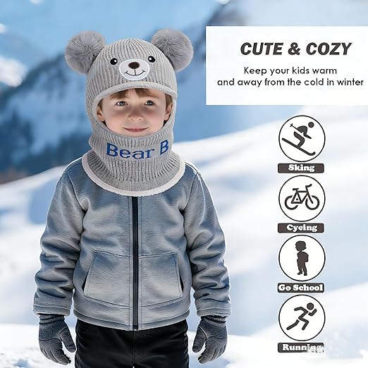 AYPOW kinder bivakmuts voor meisjes en jongens, warme wintermuts, thermo fleece gevoerde gebreide muts, sjaalmuts, winddichte beanie met pompon, kap, lus, sjaals voor kleinkinderen, roze, Eén Maat
