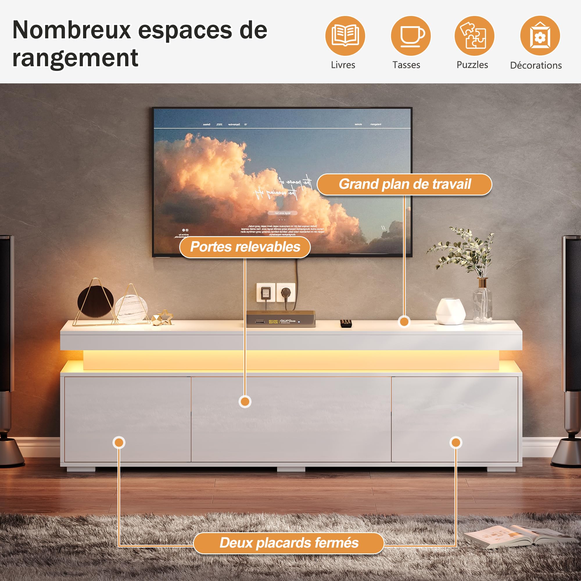 Meuble TV Bois Moderne 150 cm, 3 Portes avec LED, Meuble TV Blanc de Salon pour Petits Espaces, Meuble Télé Haut Rangement Bas pour Télévision