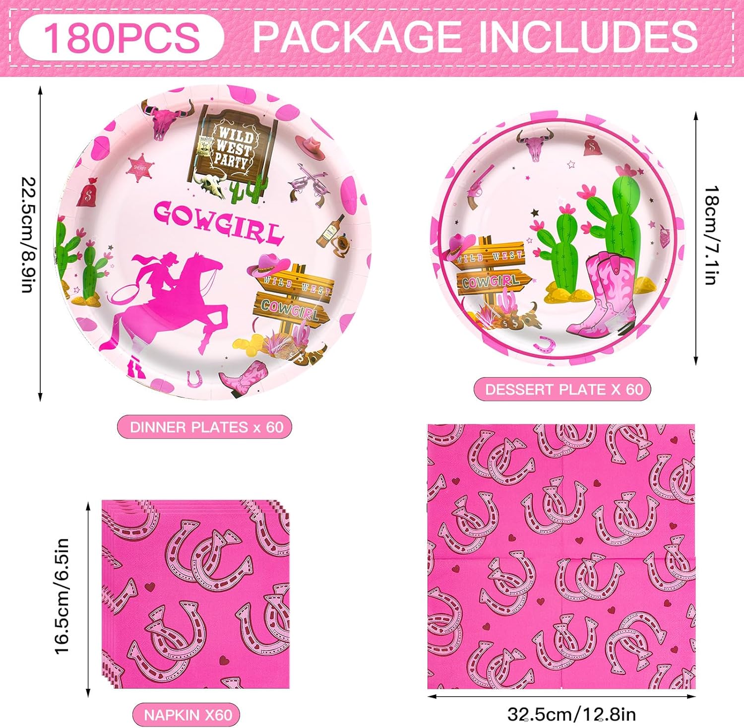 180Pcs Western Cowgirl Birthday Party Decorations My First Rodeo Theme Plates and Napkins Disposable Tableware Set for Wild West Cowgirl Party Decorations,Serve 60 - Image 2