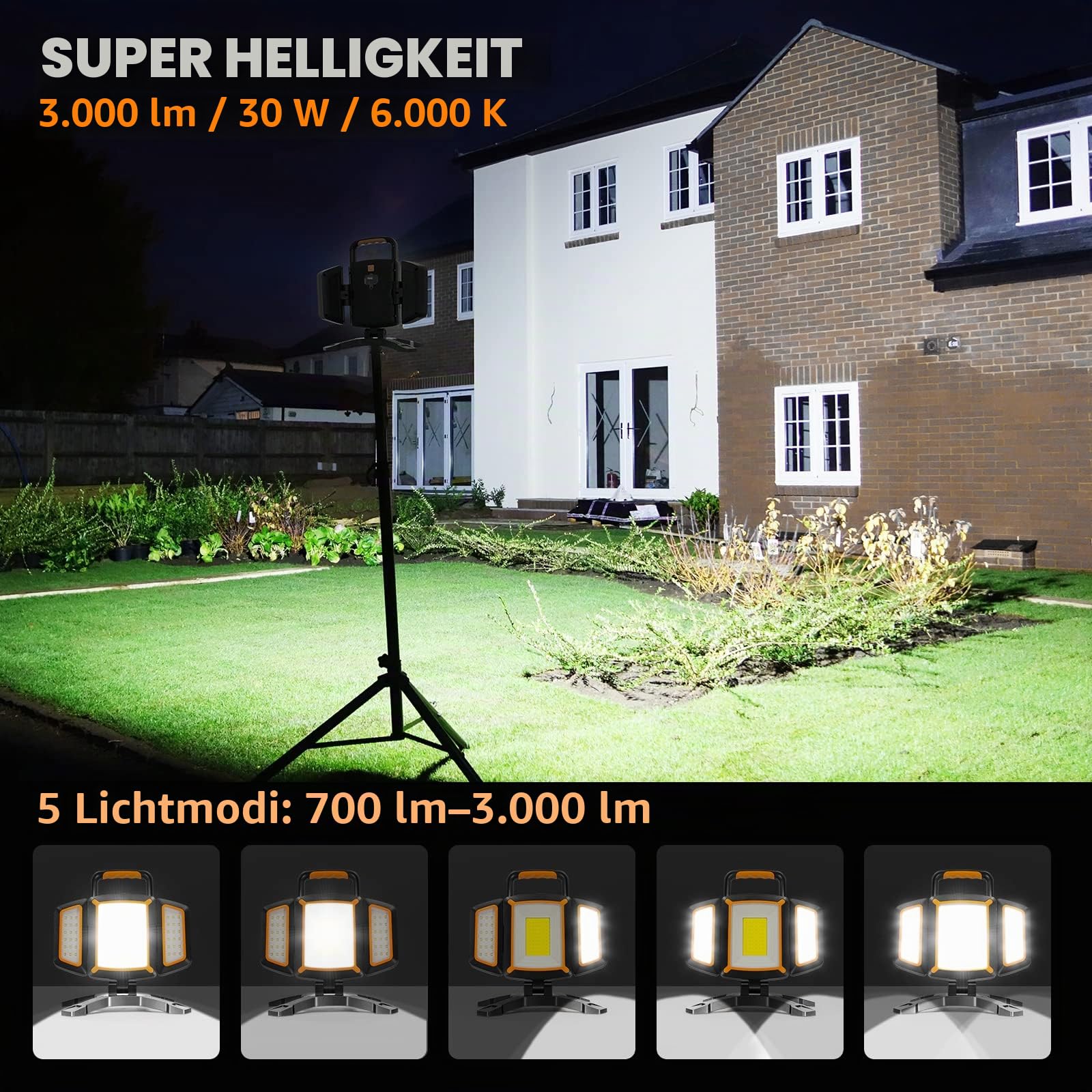 SYLSTAR LED Strahler Akku 30W, 3000LM Super Hell Baustrahler mit Magnet, 5 Lichtmodi und Powerbank, Drehbare Tragbare Wasserdichte Wiederaufladbare Arbeitsleuchte für Garage, Werkstatt