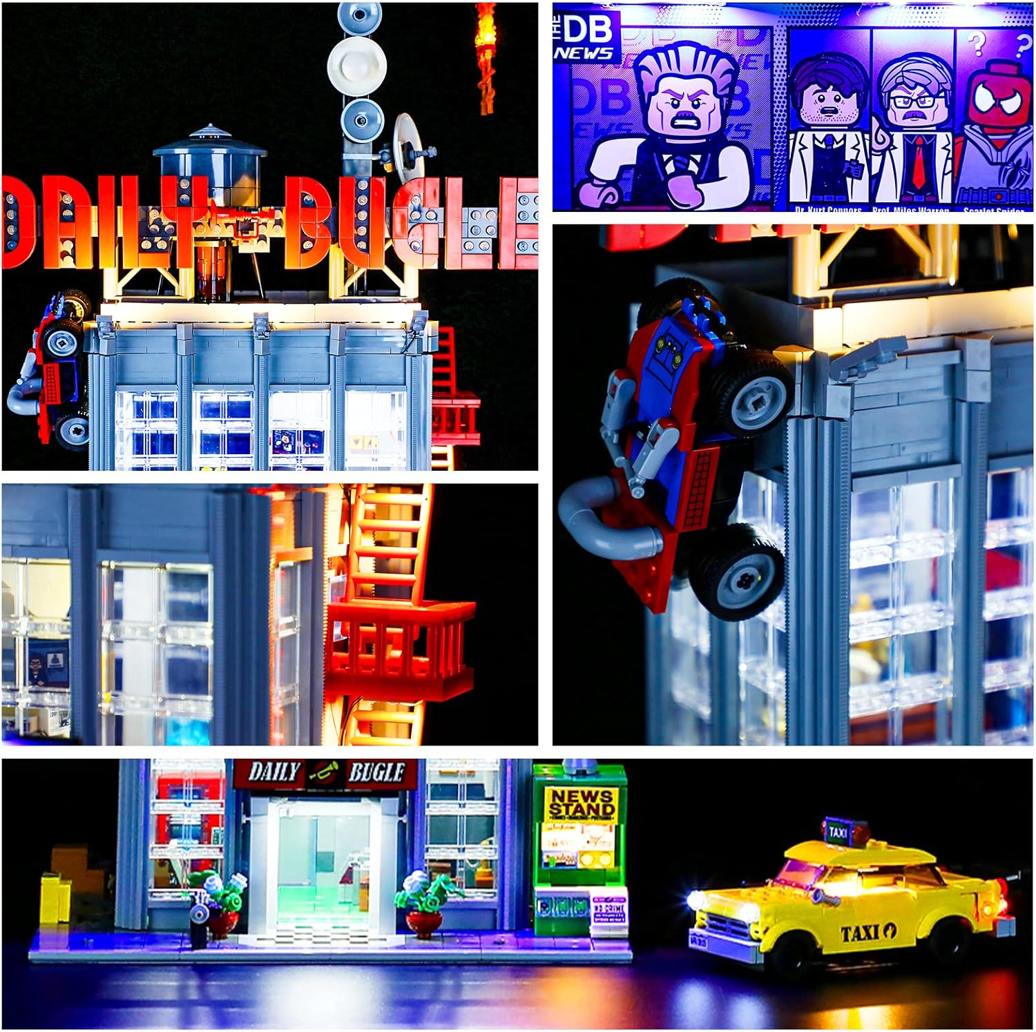 Close-up details of the lit-up LEGO Daily Bugle, showing various illuminated sections