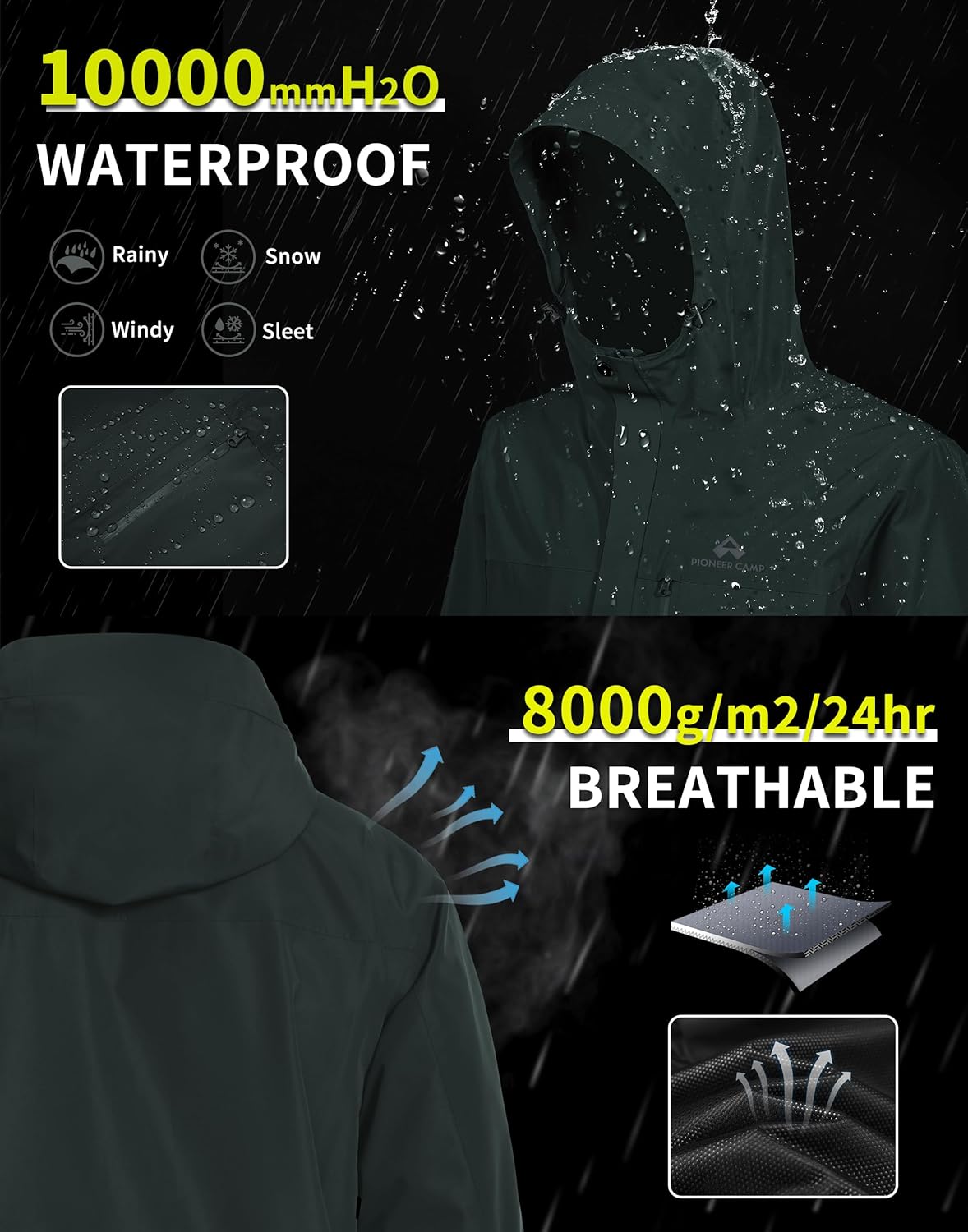 Pioneer Camp Mens Rain Jacket Waterproof Shell Jacket Hooded Lightweight Rain Coat for Outdoor Hiking 4 Pockets Windbreaker - Image 4