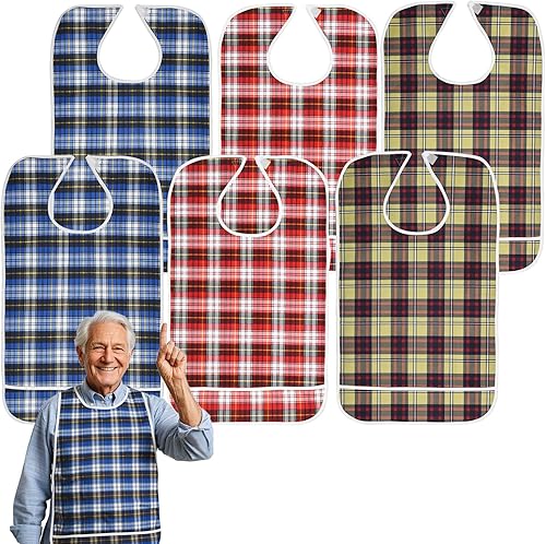 Miniatura 23 de Baberos para adultos, protector de ropa impermeable con atrapador de migas, baberos de comedor reutilizables para ancianos, hombres y mujeres Azul,